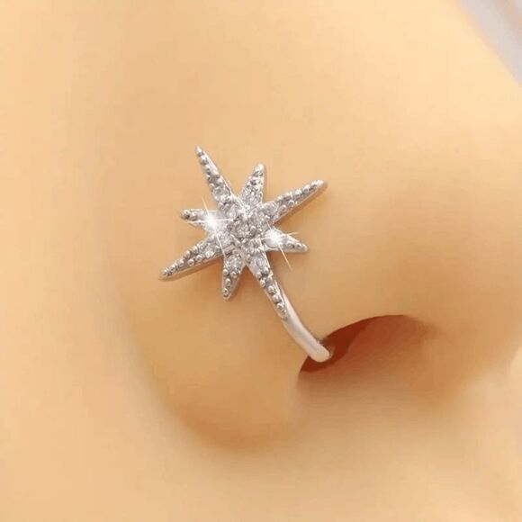 WHITE GOLD DIAMOND STAR NOSE CUFF/RING - Picture 1 of 4